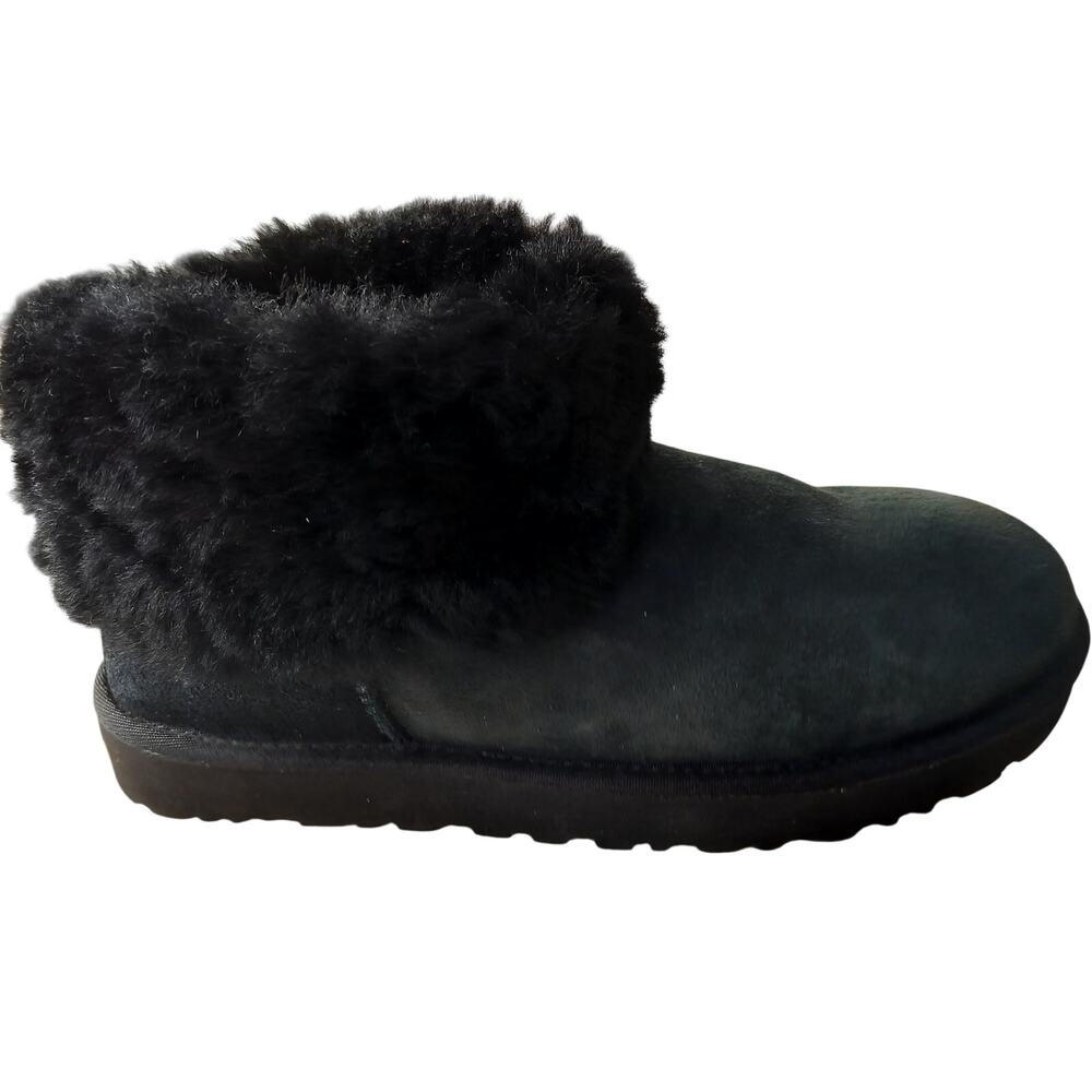 4721) UGG Classic Cuff Mini Fluff Boots Shearling Suede Black US 10